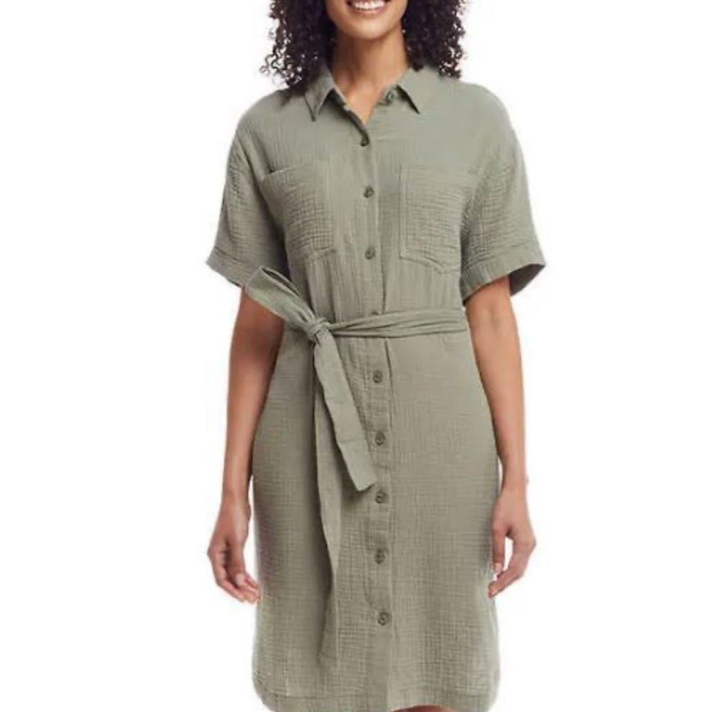 NWT Weatherproof Vintage Shirt Dress Med Green Gauzy Cotton Belted Pockets
